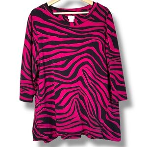 CHICO’S ZENERGY French Terry Fuschia Black Zebra Print Tunic Top 3/4 Sleeve 16